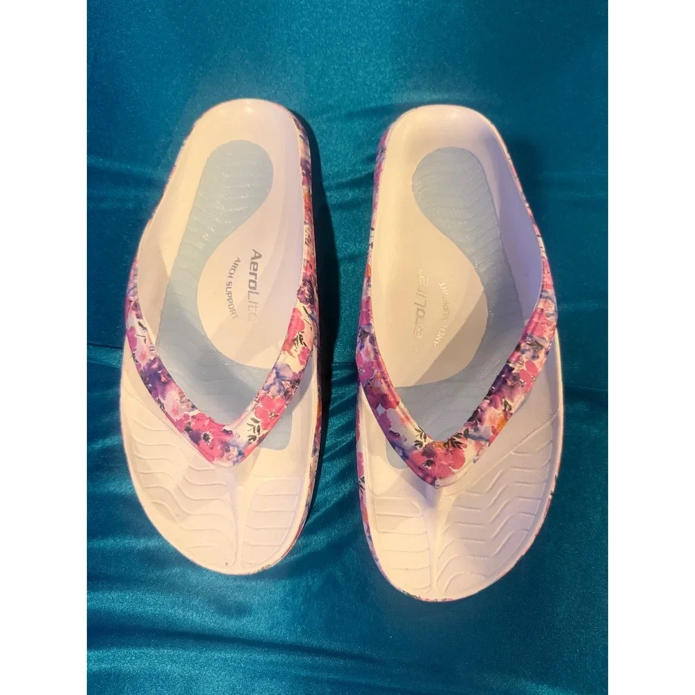 Aerolite Arch Support Floral Flip Flops Pink Purple Women's 10